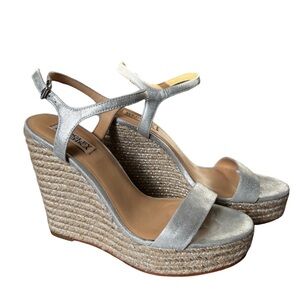 Badgley Mischka silver wedge espadrille sandals sz 9
